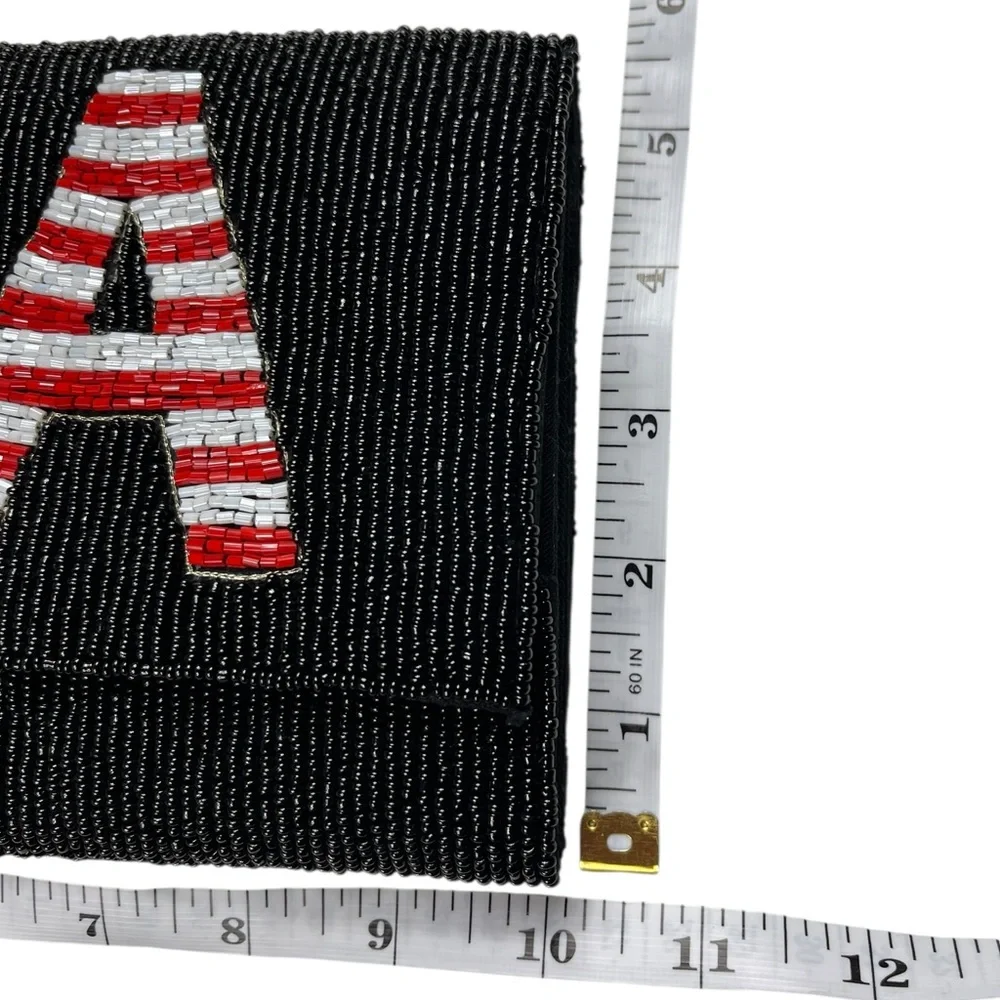USA Beaded Black Clutch Shoulder Purse Goldtone Strap American Patriotic - Picture 8 of 13